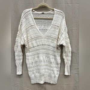 Free People Women's Crochet V-Neck Hot Tropics Cream Pullover Sweater Size Md